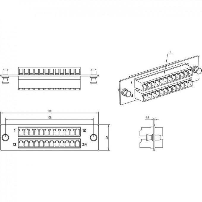 Панель для FO-19BX с 24 LC адаптерами HYPERLINE FO-FPM-W120H32-24LC-AQ 48117