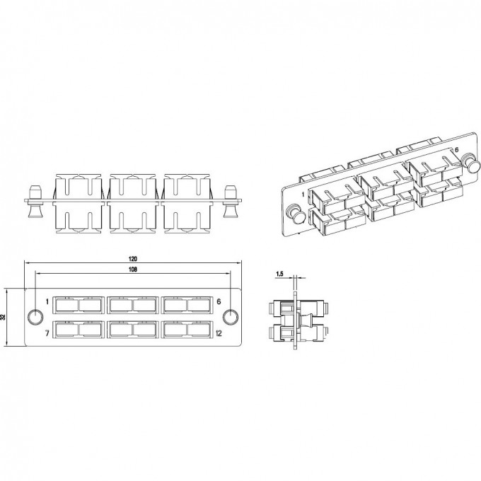 Панель для FO-19BX с 6 SC (duplex) адаптерами HYPERLINE FO-FPM-W120H32-6DSC-BL 54246